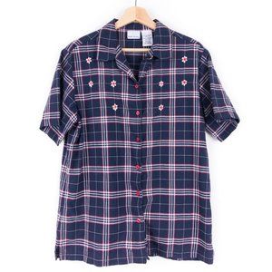Bobbie Brooks Navy Blue Plaid Flower Embroidered